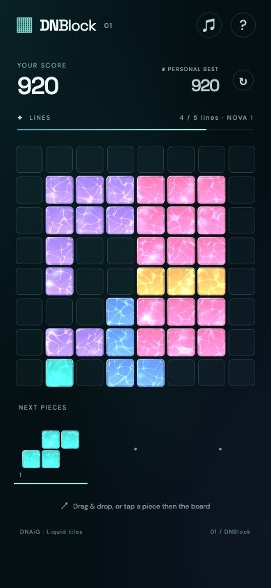 DNBlock’s eight-by-eight board and a hand of colored pieces