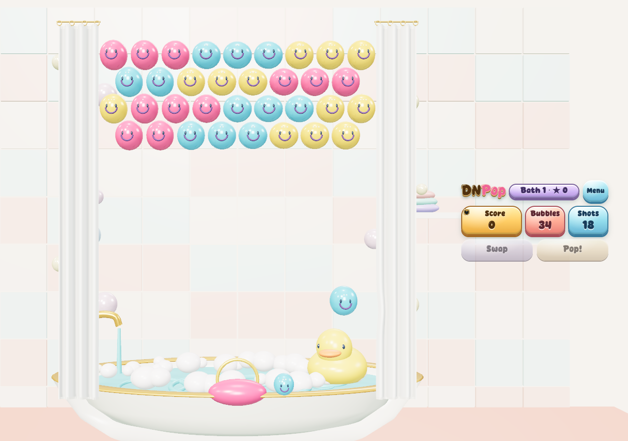 DNPop’s pink, blue and yellow bubbles between shower curtains above a bath