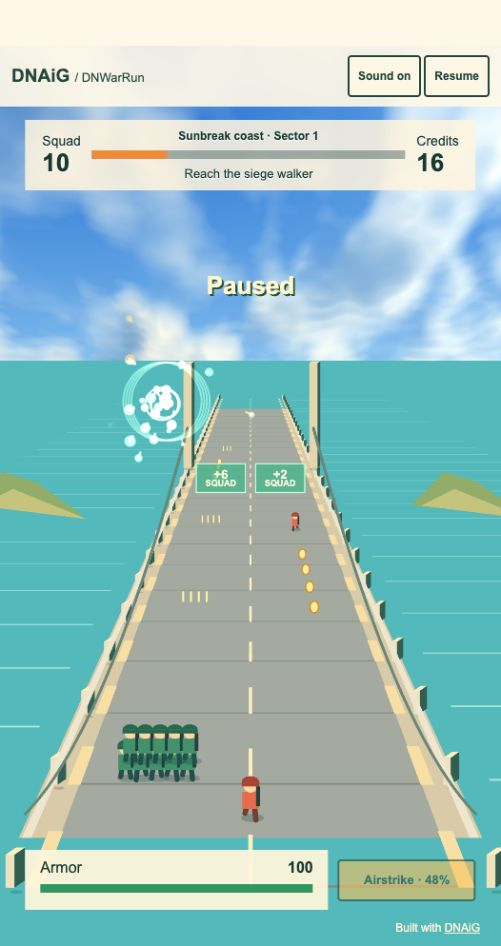 DNWarRun squad advancing through a three-dimensional bridge battlefield
